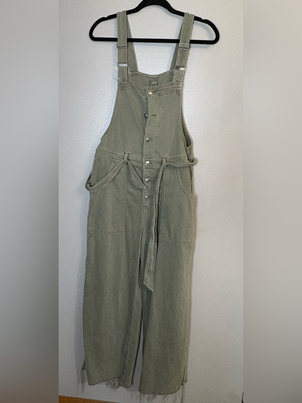 Women's Aerie Olive Green Denim Overalls size medium raw hem